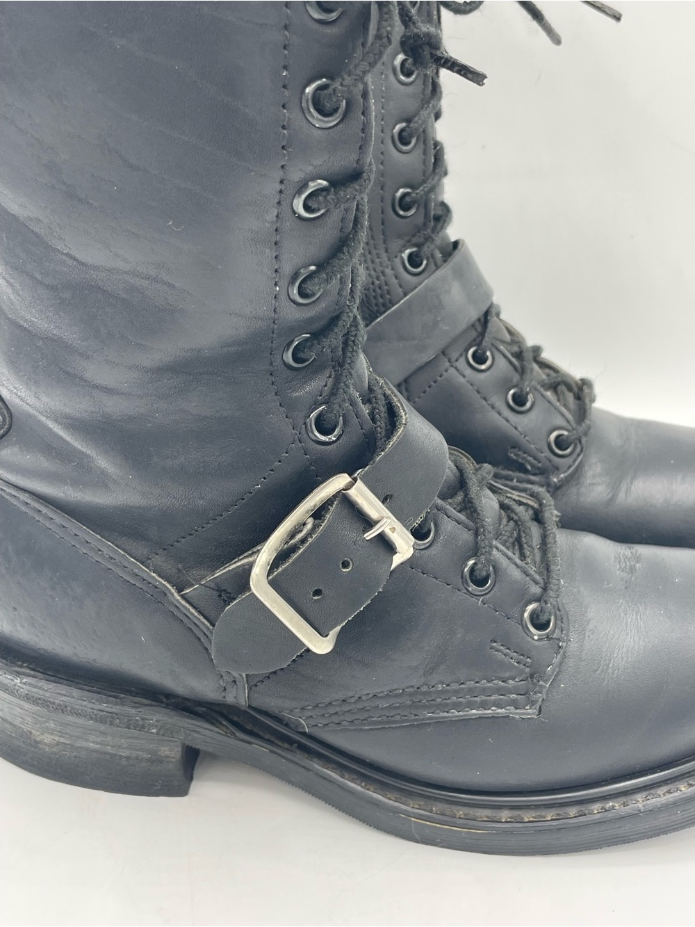 Double H Vintage Black Leather Lace-Up Combat Moto Boots with Buckle Strap. - Picture 7 of 16